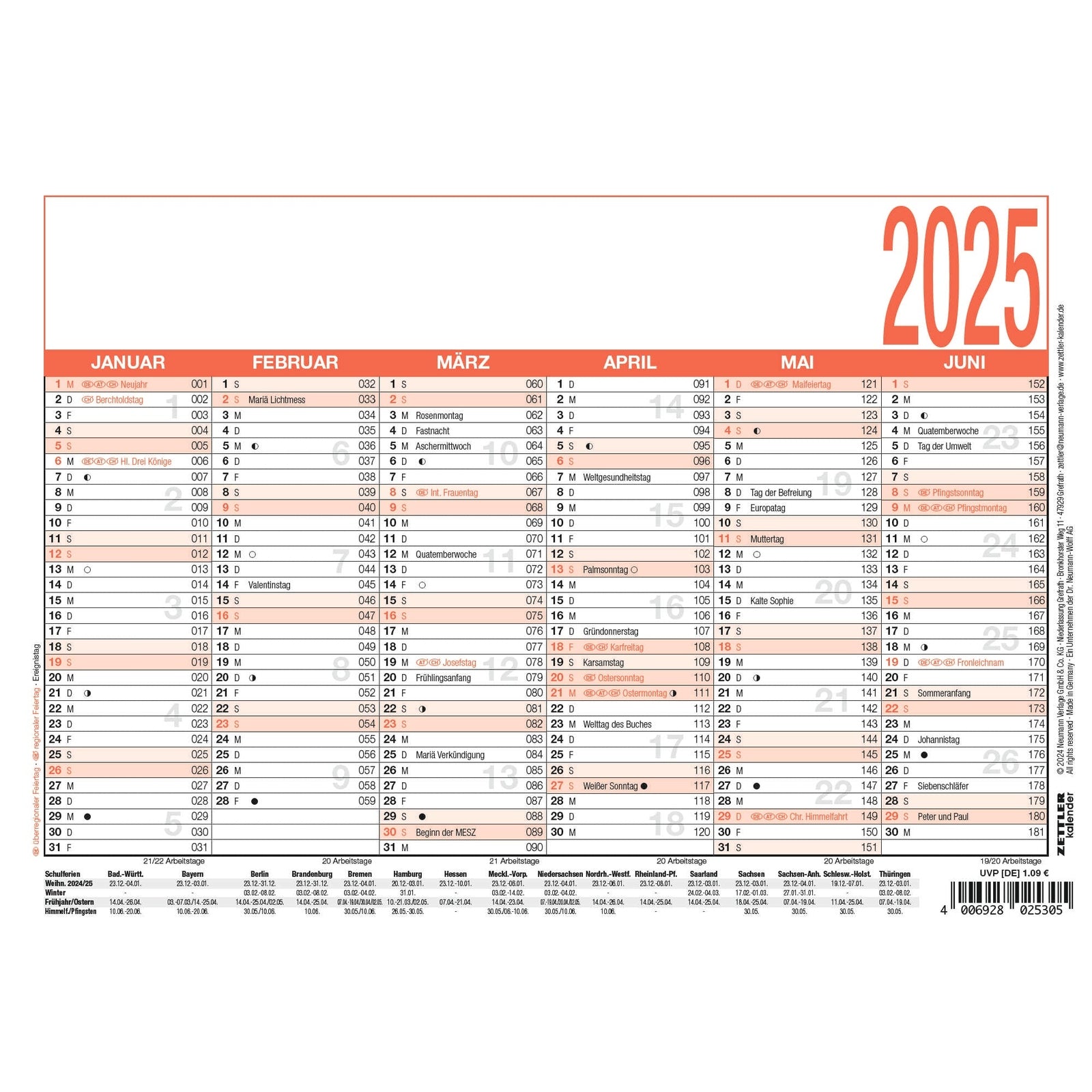 Arbeitstagekalender A5 2025 - Jahresplaner 2025