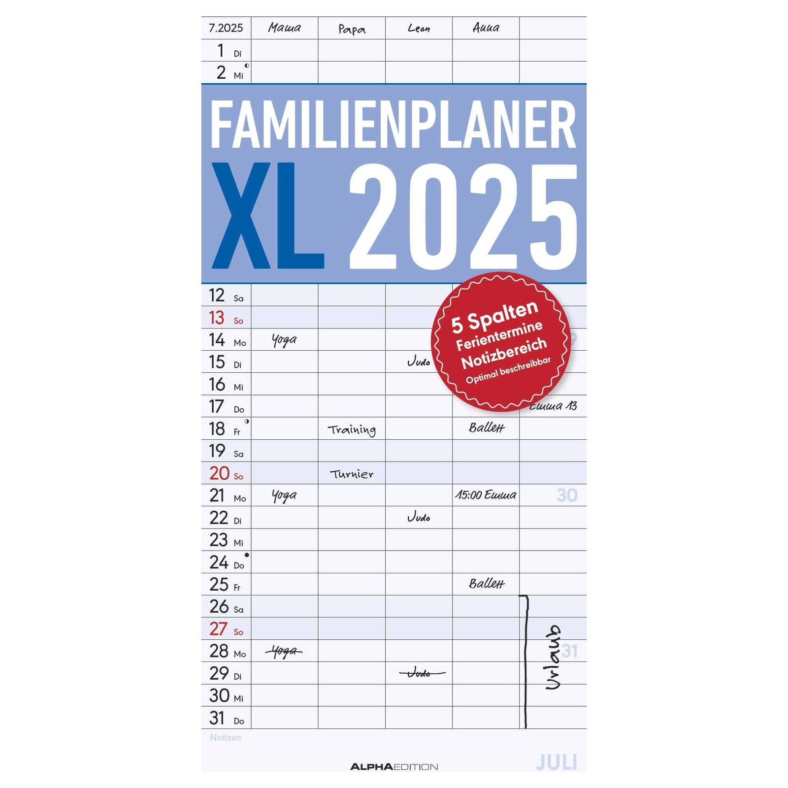 Familienplaner XL mit 5 Spalten 2025