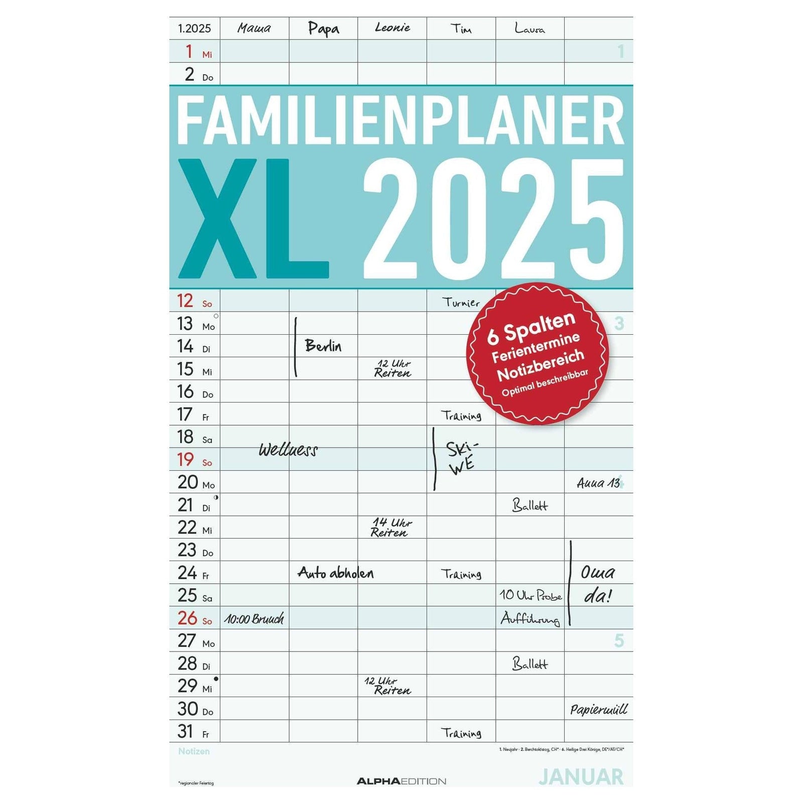 DMHSGIFT Familieplanner 2025 – Wandkalender Met 5 Kolommen, Stickers, Schoolvakanties, 23x43 Cm
