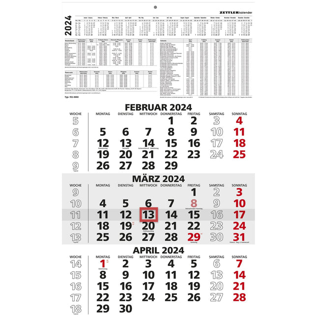 3-Monatskalender schwarz/rot 2024