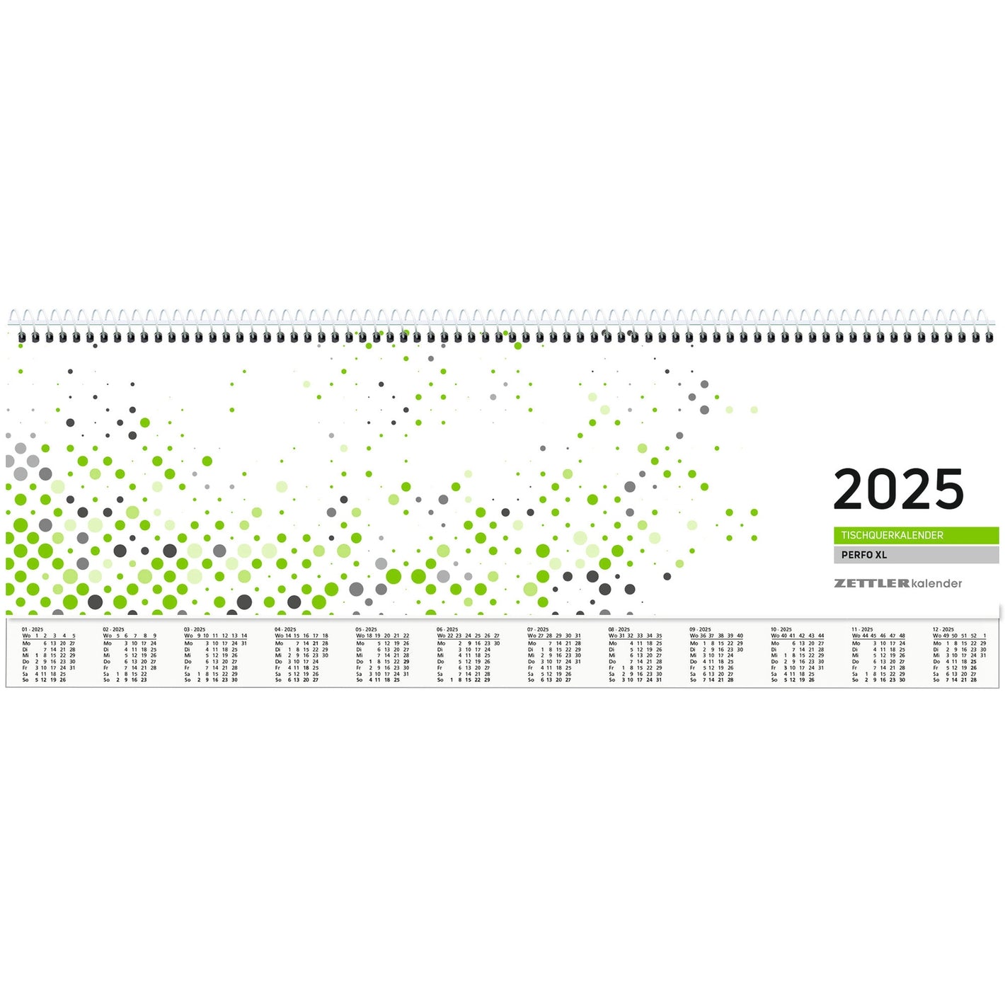 Tischquerkalender   1W/2S verl. Rw. PERFO grün 2025 - Tischkalender 2025