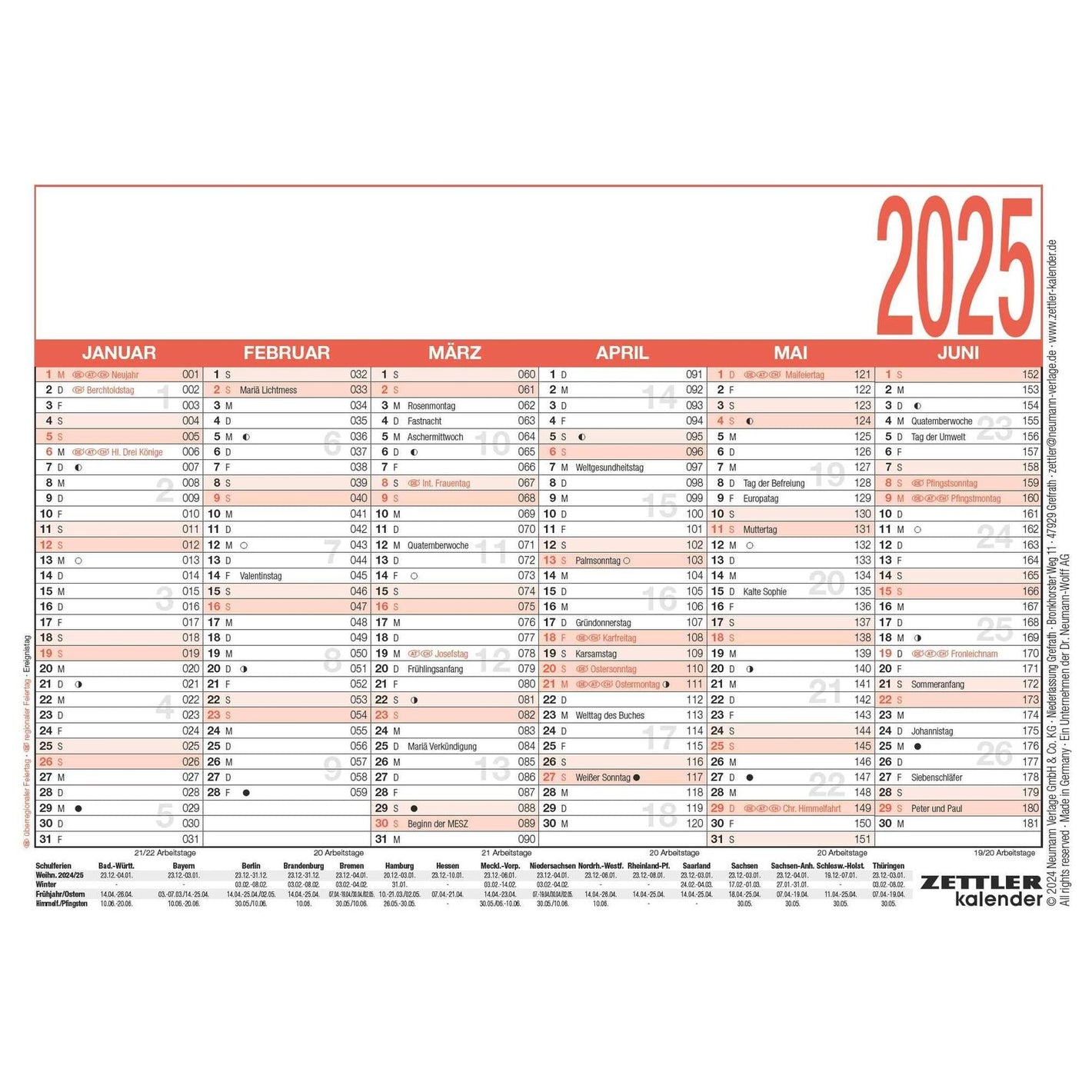 Arbeitstagekalender A6 2025 - Jahresplaner 2025