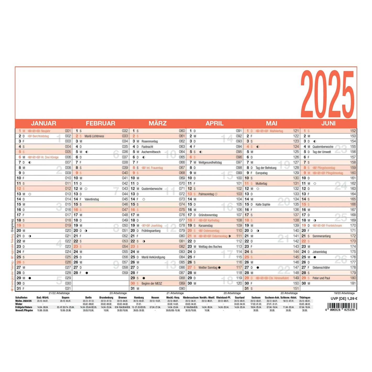 Arbeitstagekalender  A4 2025 - Jahresplaner 2025