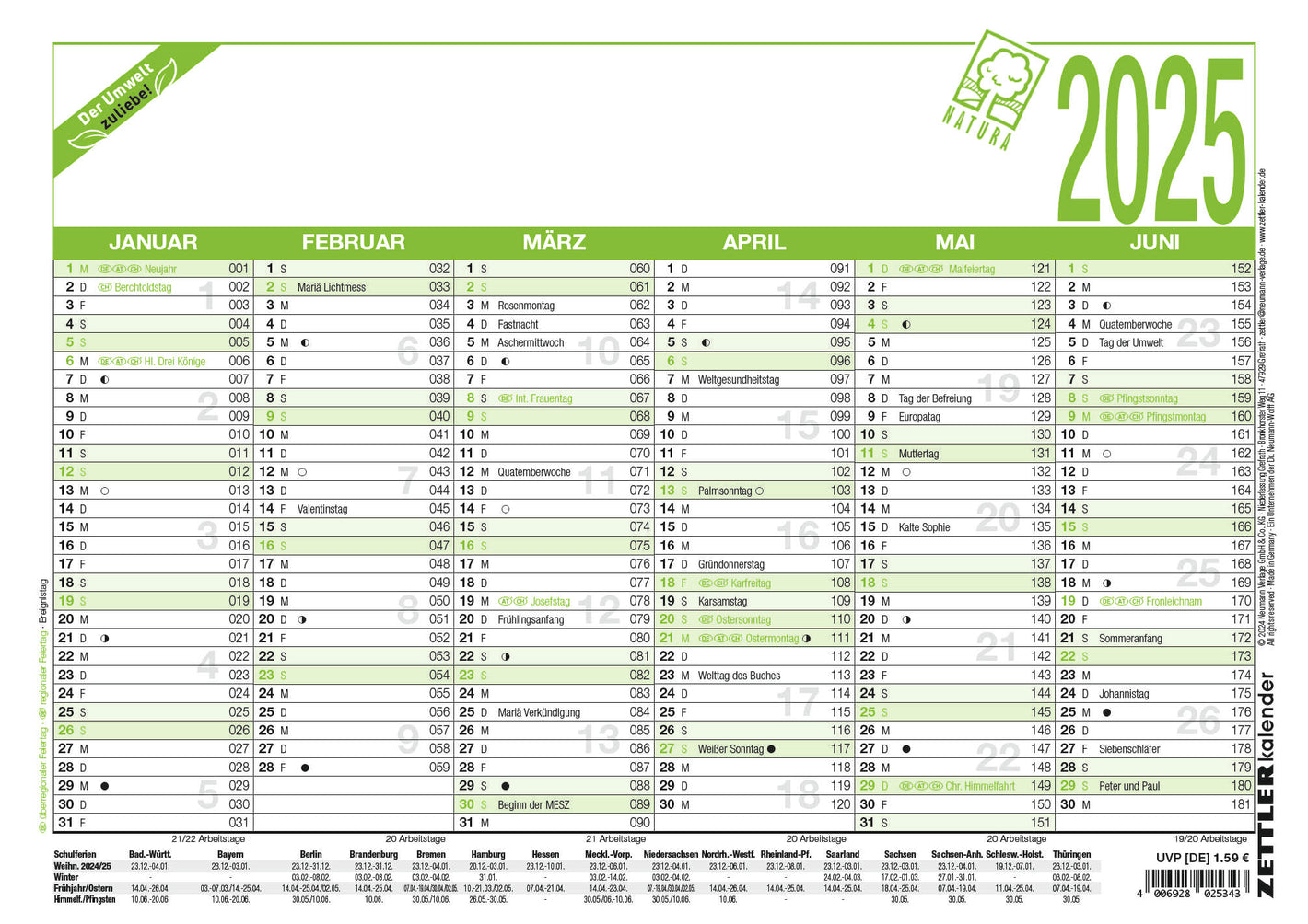 Arbeitstagekalender A4   Blauer Engel 2025 - Jahresplaner 2025