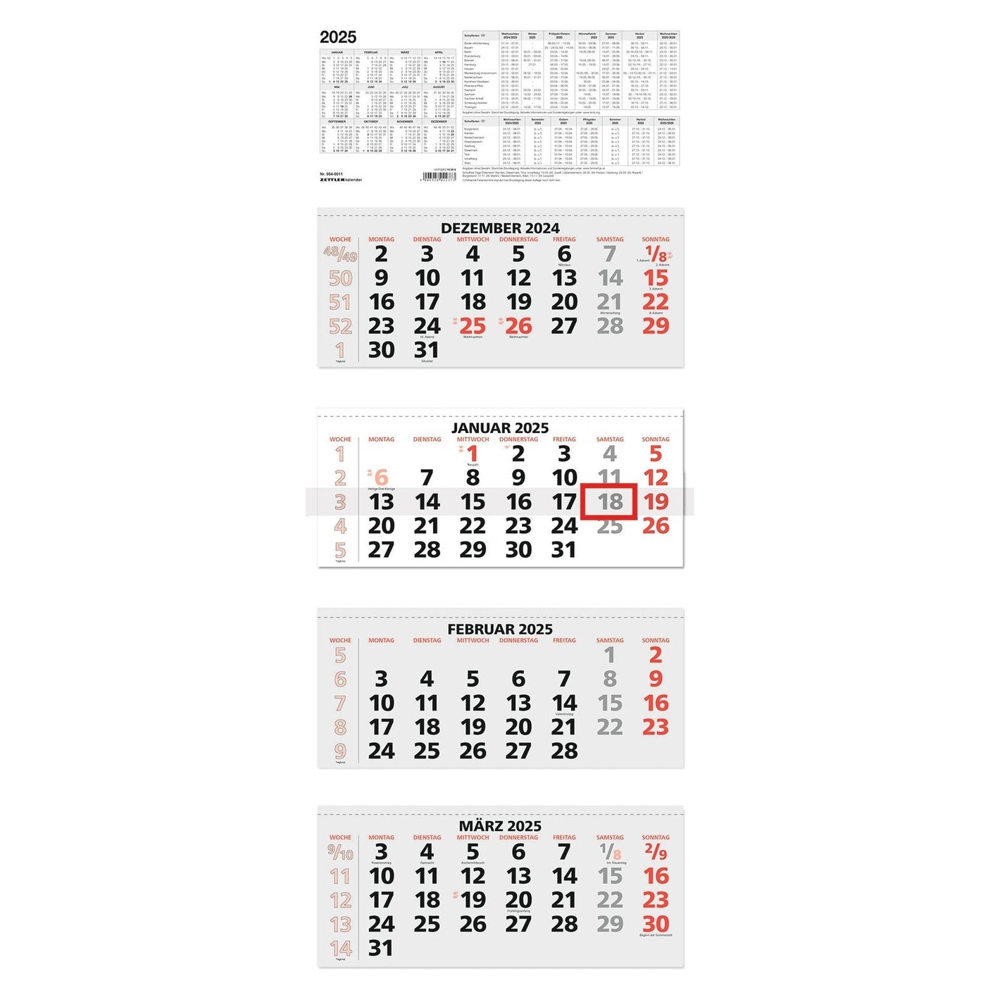 4-Monatskalender rot 2025 - Mehrmonatskalender 2025