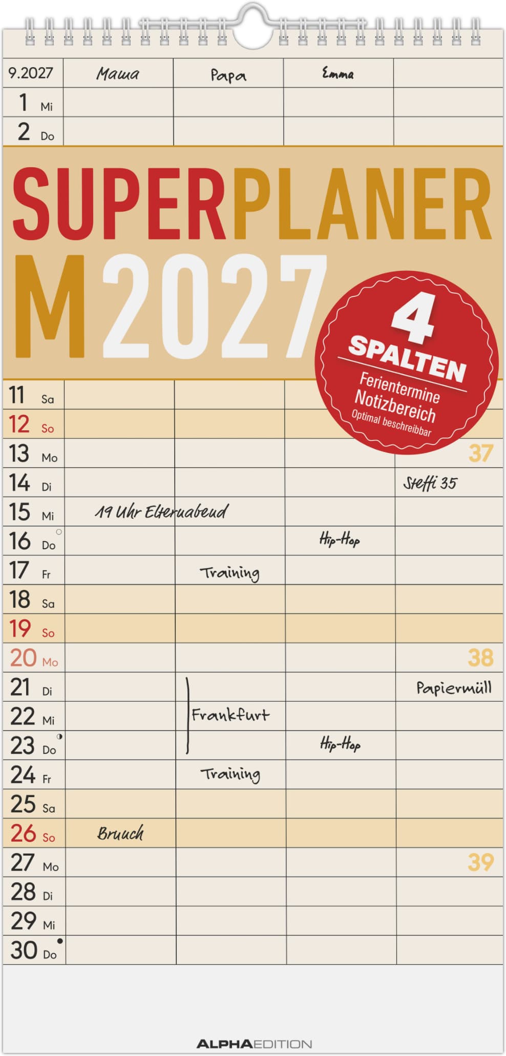 Wandkalender Superplaner M - 4 Spalten 2027