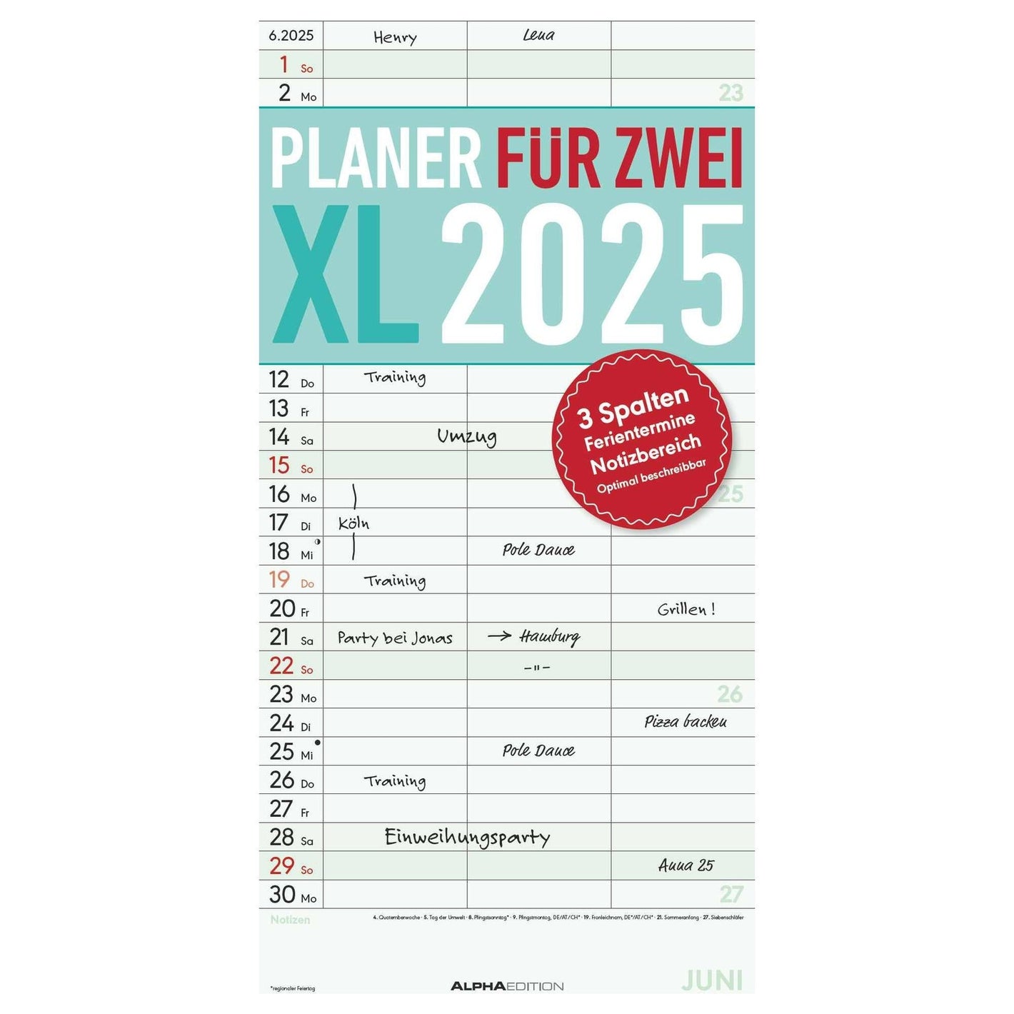 Planer für 2 XL  mit 3 Spalten 2025 - Streifenplaner 2025