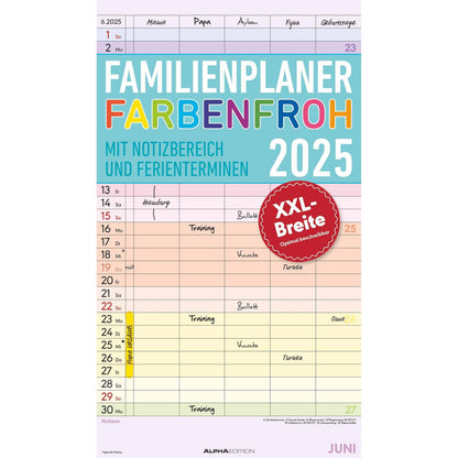 Familienplaner Farbenfroh  mit 5 Spalten 2025 - Familienplaner 2025