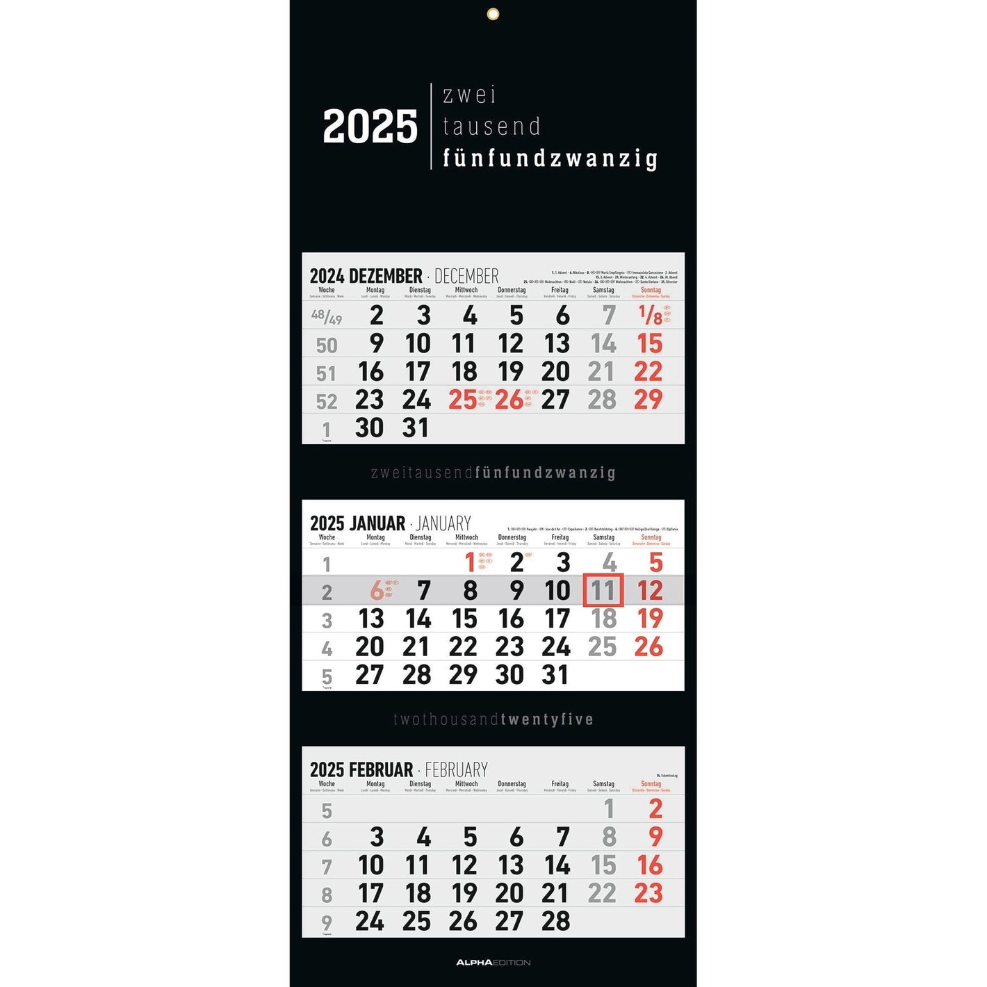 3-Monatskalender Black 2025 - Mehrmonatskalender 2025