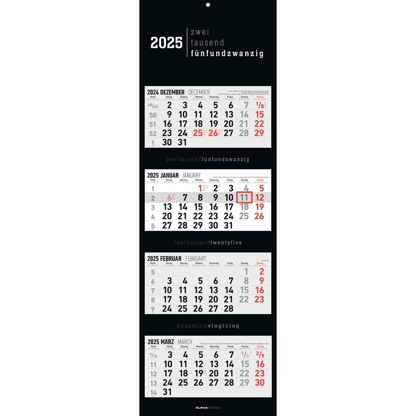 4-Monatskalender Black 2025 - Mehrmonatskalender 2025