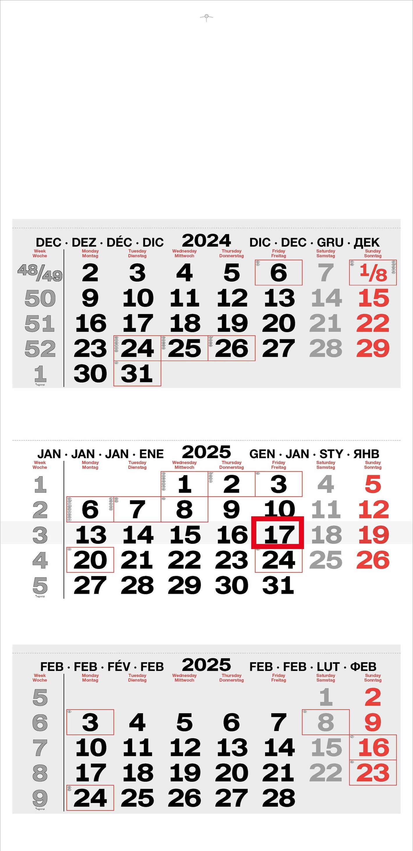 3-Monatskalender 3 Block - L Mehrsprachig - Mehrmonatskalender 2025