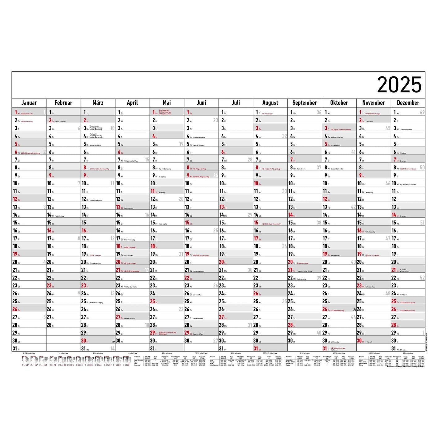 Jahresplaner  XL 12 Monate Schwarz-Rot 2025 - Jahresplaner 2025